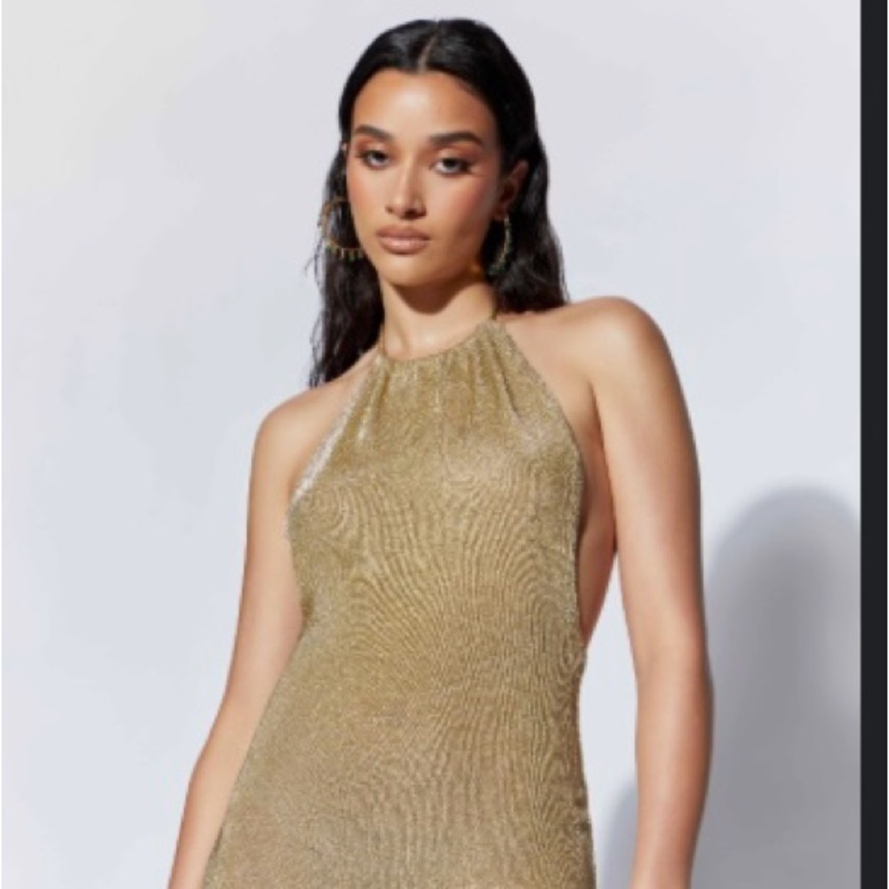 NWOT - Sexy Gold, Backless, Tala Halter Neck Mini Dress x Meshki